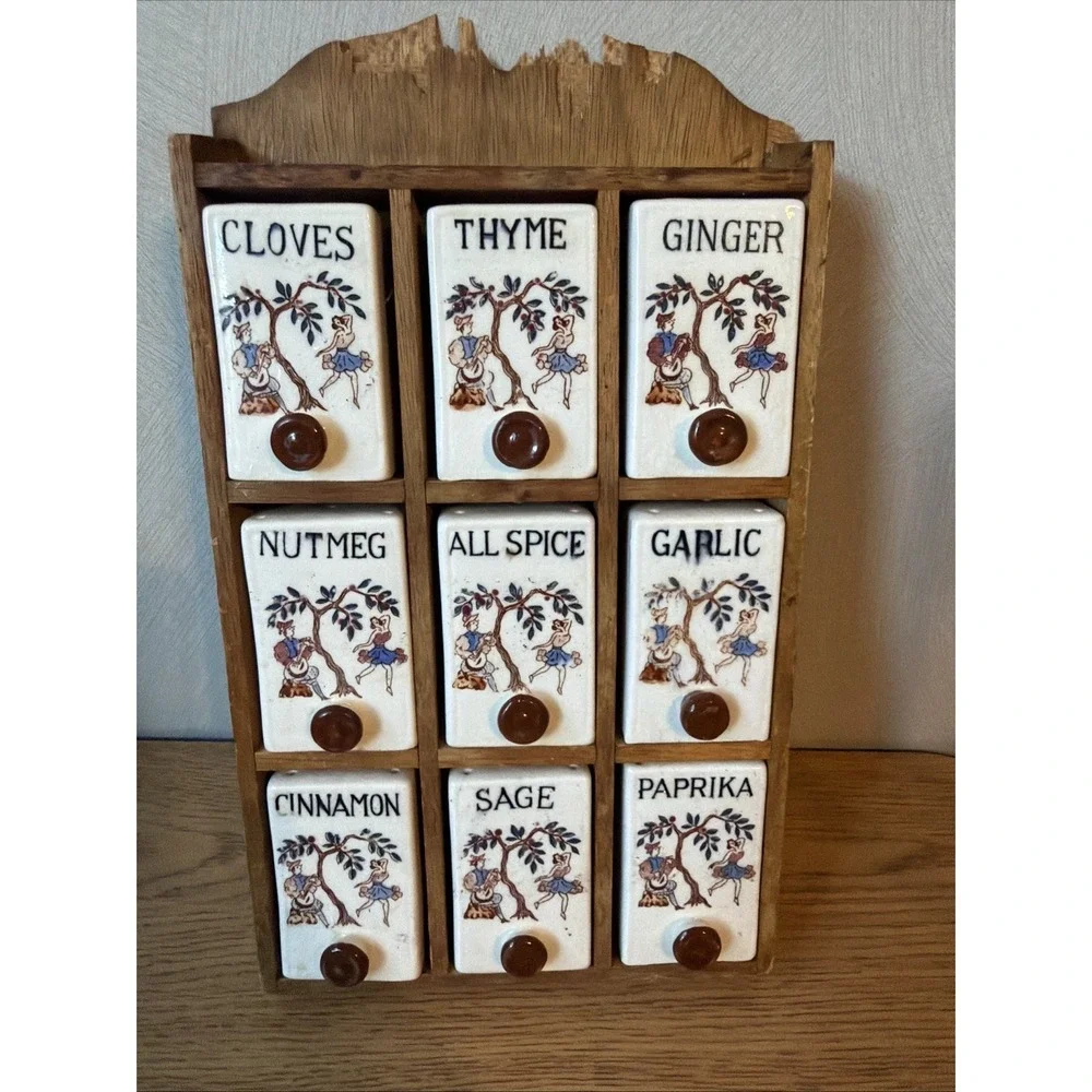 Vintage Man Woman Tree Ceramic Spice Drawers~Wall Mount Rack~Japan~1950s